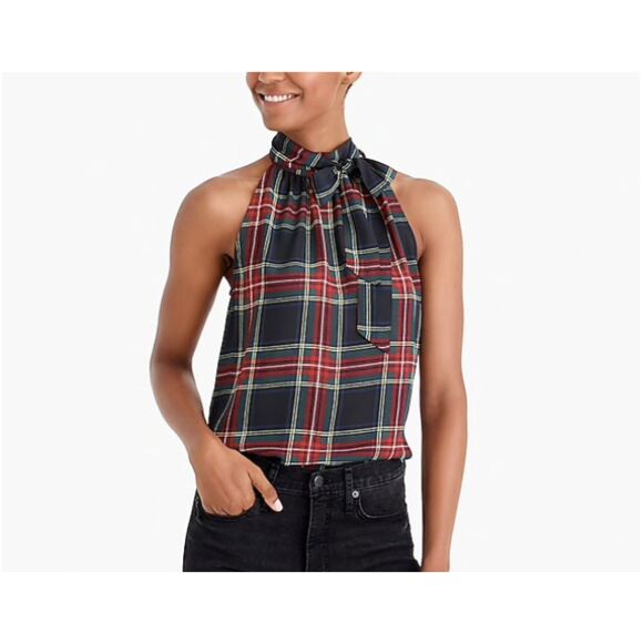 J. Crew Tie Neck Top in Stewart Tartan Plaid, Halter with Bow, Holidays, Sz 8 - Picture 1 of 9